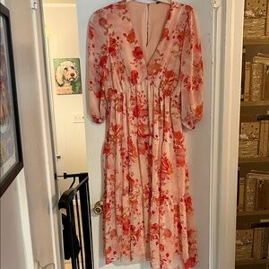 Lauren Conrad Floral V-Neck Midi Dress in Blush Pink Size L